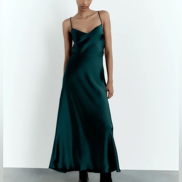Zara Satin Effect Lingerie Style Peacock Emerald Green Maxi Dress $89.90 - Picture 4 of 9